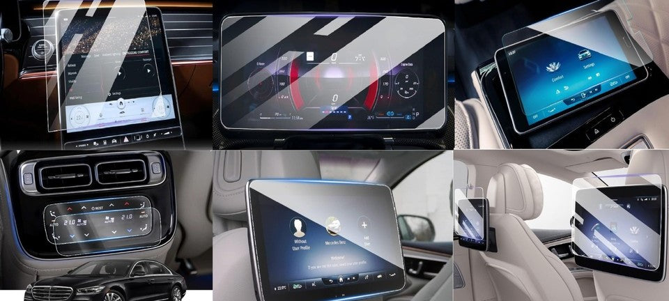 Mercedes S Serisi Multimedya-Gösterge Ekran-TV ekran(2adet)-Arka Tablet Ekran ve Arka Klima Ünite Koruyucu (5 Parça)